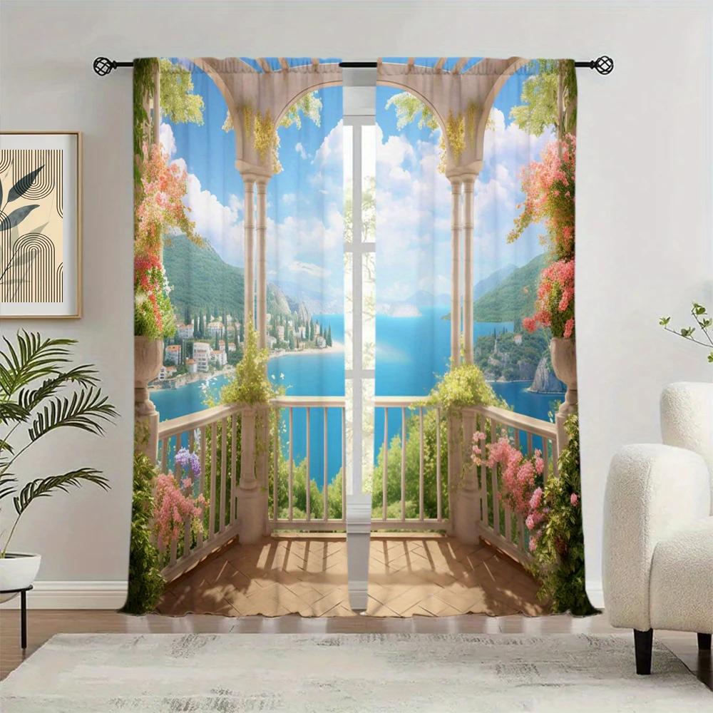 2pcs Balcony Landscape Style Printed Curtain for Home Decor - Rod Pocket Window Treatment for Bedroom,Office,Kitchen,Living Room
