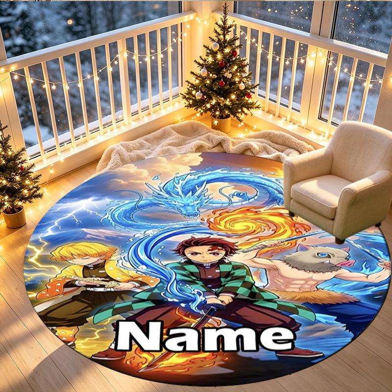 Custom Name Personalized Demon Slayer Print Round Rug, Versatile Home Decor Carpet, for Playroom, Apartment, Balcony, Entryway, Hallway Gift