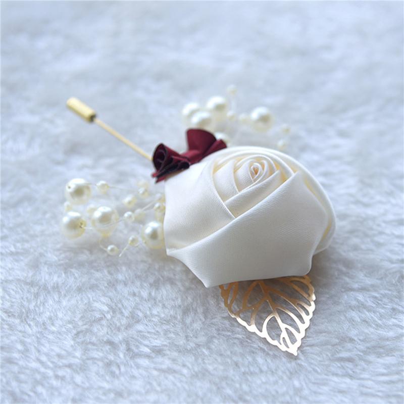 Boutonniere Anstecknadeln Hochzeit Corsage Anzug Knopfloch Seide Rosen Gold Blätter Männer Frauen Brosche Blumen Mariage Zubehör