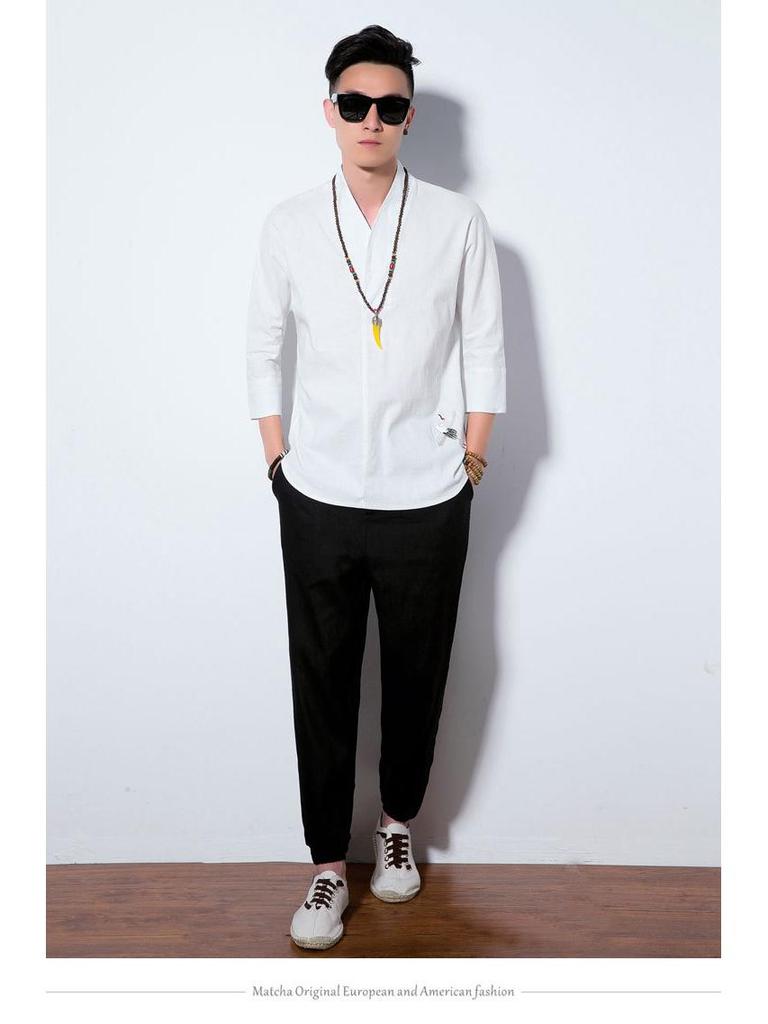 Men's Chinese Cotton-Linen V-Neck Retro Hanfu T-Shirt, Summer Three-Quarter Sleeve, Loose Plus Size