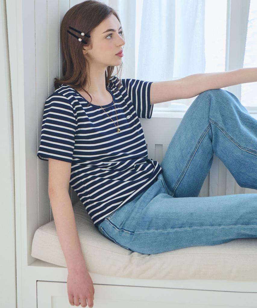 SLOWLOLLI U Neck Stripe Short Sleeve T-Shirt - Navy