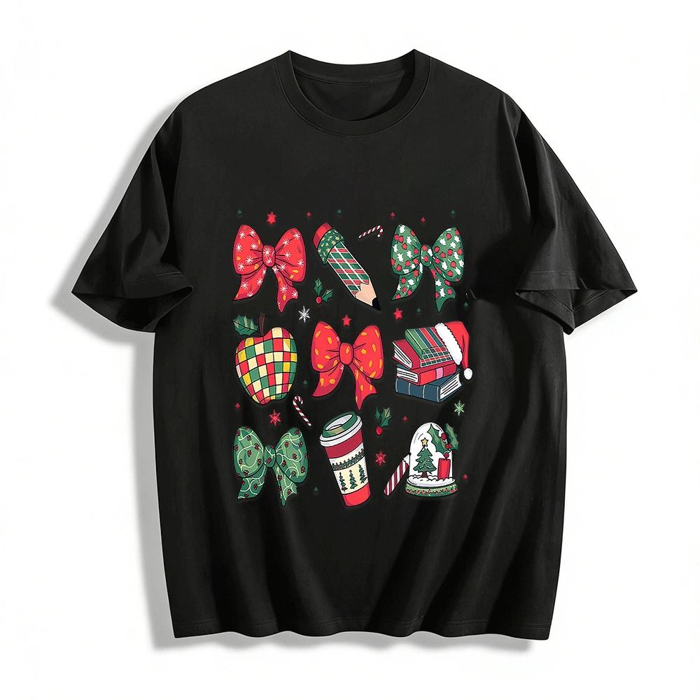 Christmas Themed Print Top Bow Apple Pattern Casual T-shirt Pure cotton T-shirt XXS