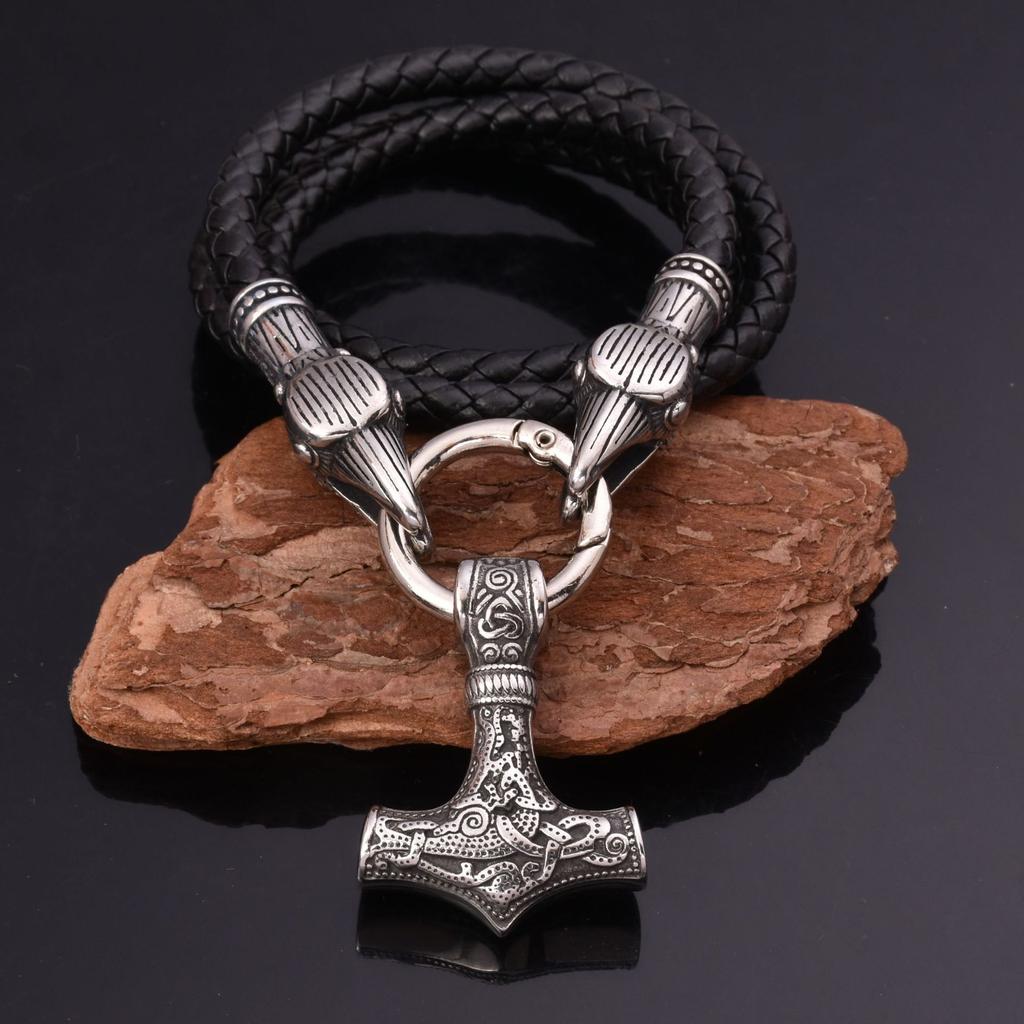 Nordic Viking Stainless Steel Odin Raven Thor 'S Hammer Pendant Necklace Men 'S Necklace