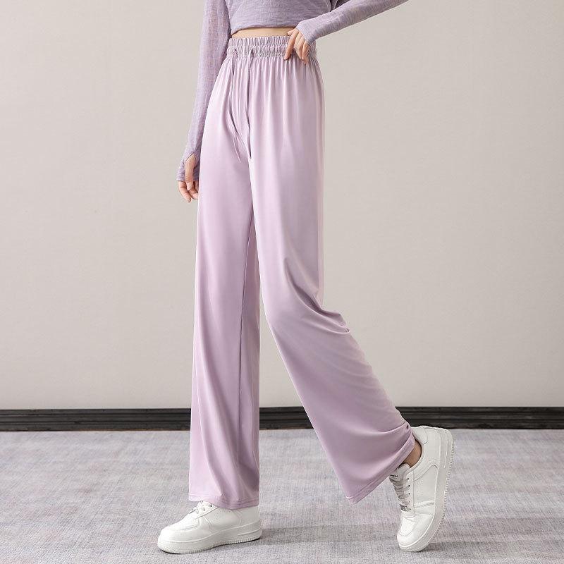 Women's Summer Casual Sportswear Set: 2024 Loose Long Sleeve Yoga Top with Sun Protection and Ice Silk Straight-Leg Pants