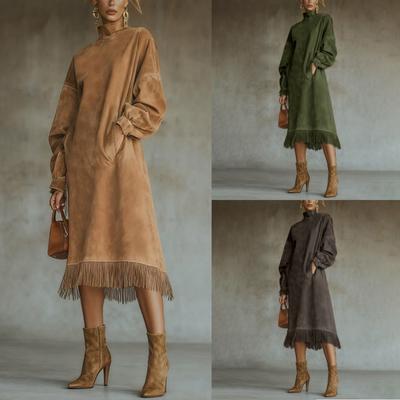 Women's Long Sleeved Casual Retro Loose High Neck Suede Pocket Tassel Dress