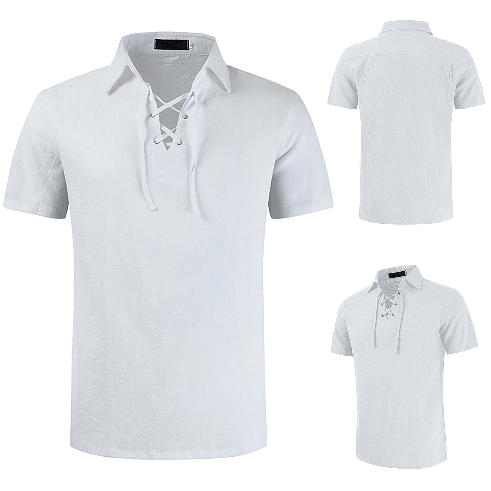 

Мужская весна/лето, повседневная мода, хлопок и лен, сплошной цвет с лацканами и короткими рукавами XL белый