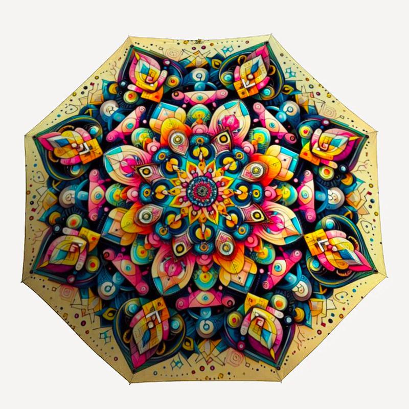 1pc Psychedelic Mandala Artwork Automatic Open/Close Umbrella - Portable Collapsible Umbrella with 8-Rib Stability, Fashion Lovers Yy251017165