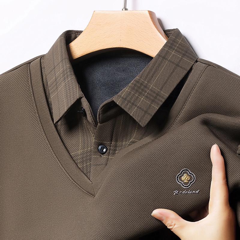 

Latest Men S Lapel Long Sleeved T-Shirt For Autumn And Winter Vacation, Two Piece Base Shirt With Thick Velvet Top XL
