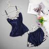 Female Sleepwear Set Solid Color Embroidery Spaghetti Strap Top + Pants 2pcs Pajama Set