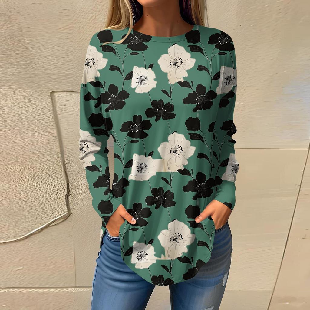 Women's  Loose Casual Flower Printed Round Neck Long Sleeved T Shirt Top Pullover Long Sleeved Sweatshirt