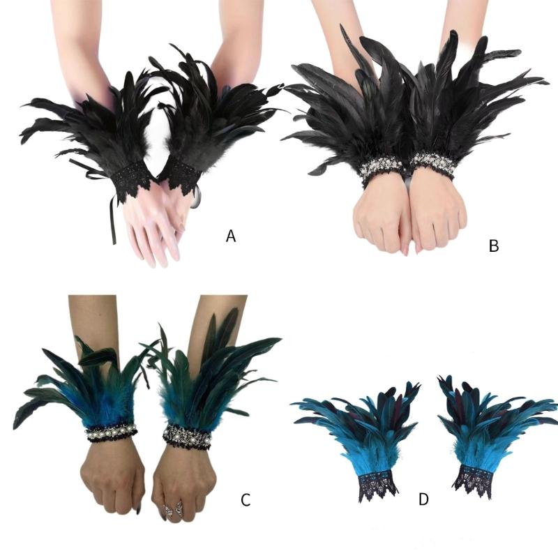 Bridal Wrist Cuffswith Feather Bride Feathered Flower Elaborate Long Bachelorette Party Dark Lacework Bride Gloves