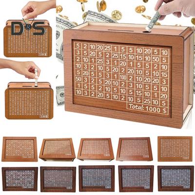Wooden Money Box with Counter Marker Pen Piggy Bank with Money Target Numbers Coin Cash Container Money Saving Challenges Box Kids Adults Gift