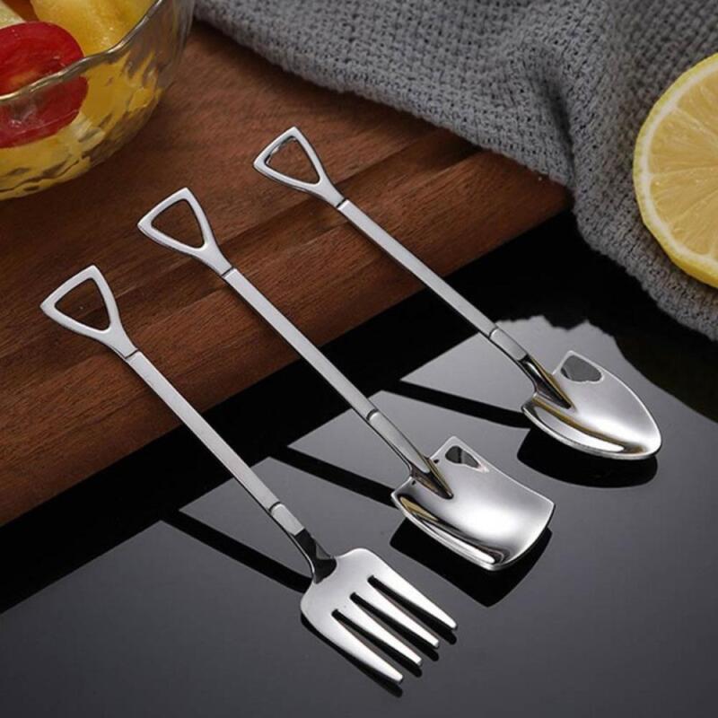 

(1+1+1) Home Cafe Teaspoon Set All Stainless Steel Cutlery Spoon (01) Triangular shovel + square shovel + fork