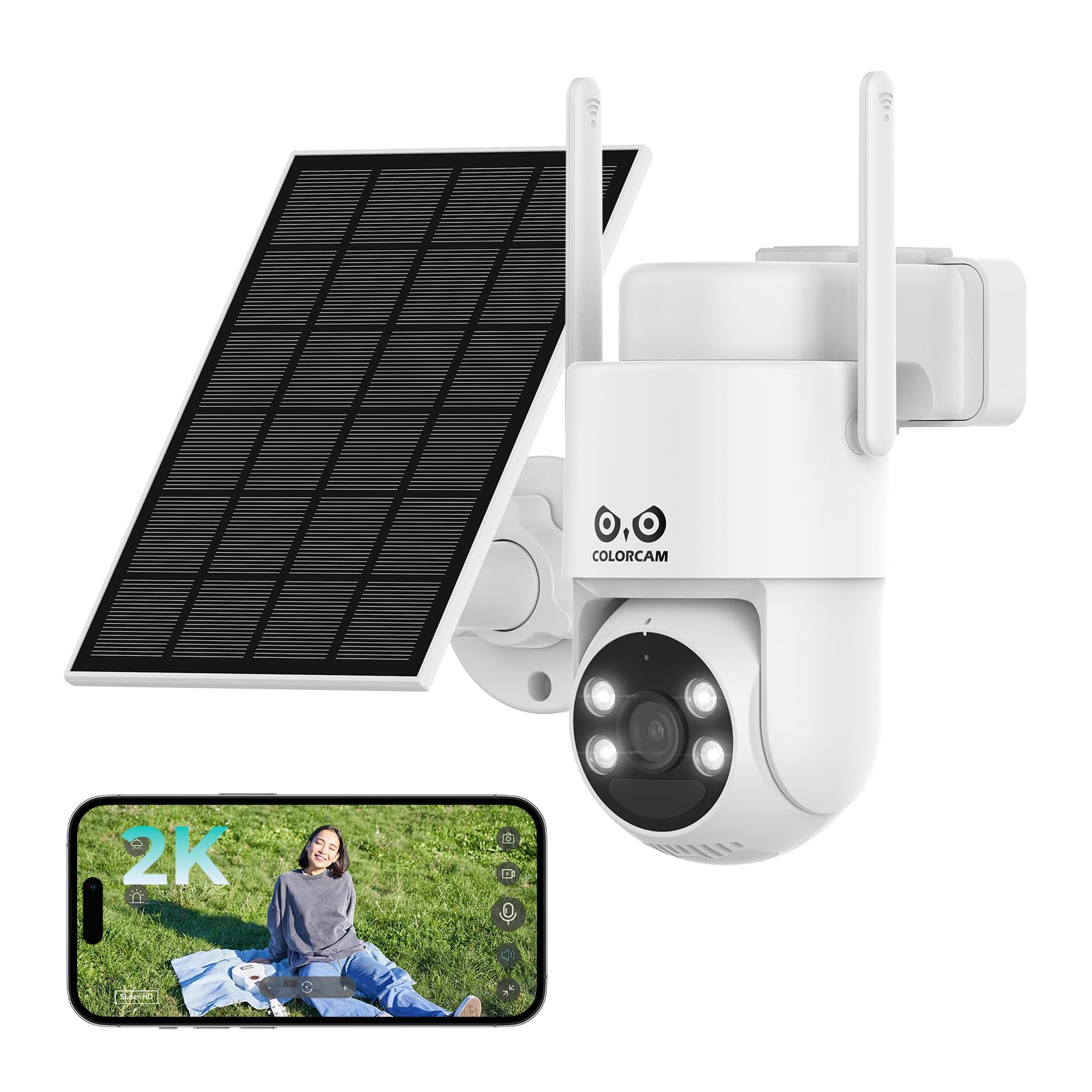 

Бездротова камера безпеки Colorcam від японського виробника, кольорове нічне бачення, штучний інтелект для розпізнавання людини, IP65, автоматичний безперервний запис 2K, підтримка SD-карти до 256 ГБ, хмарне сховище, віддалений доступ, голосова та світлов