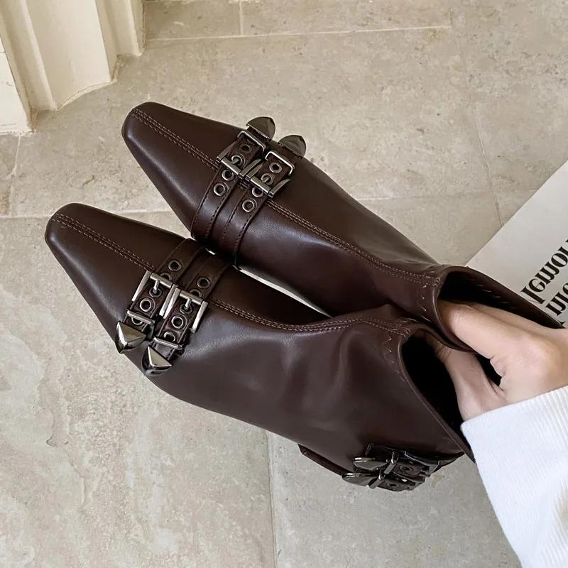 Eilyken New Winter Fashion Pointed Toe Women Ankle Boots Belt Buckle Square Low Heels Comfortable Soft Leather Zipper Shoes