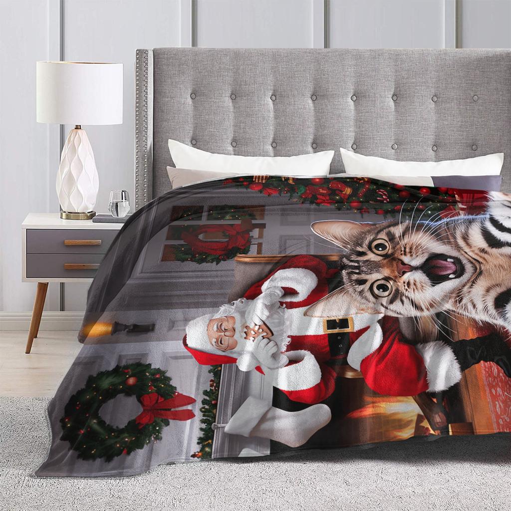 Cat Selfie with Santa Flannel Blanket Winter  Soft Bedding Throws for Kids Couch Chair Street Trend Bedspread Sofa Bed Cover