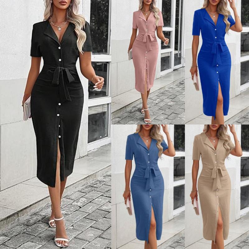 Beliebtes, einfarbiges Sommerkleid mit V-Ausschnitt, Schnürung in der Taille, temperamentvoll, geschlitztes Ende, Damen