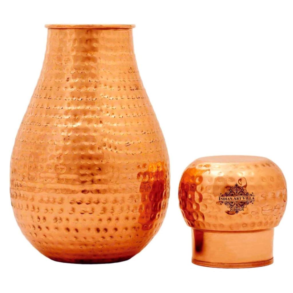 Pure Copper Bedroom Water Bottle with Inbuilt Glass, Matka Design Hammered Finish - Volume 1600 Ml (Pack of 1)