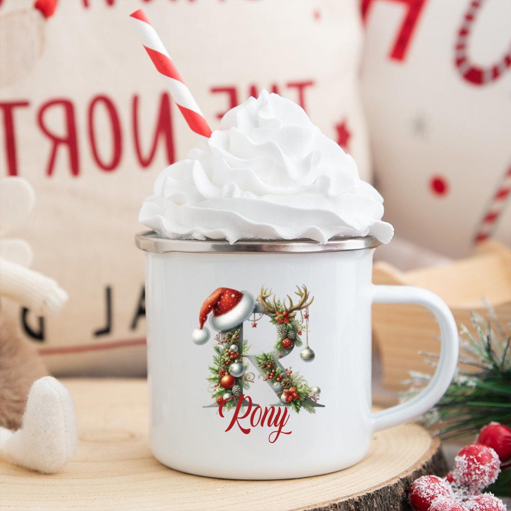 Personalisierte Tasse mit individuellem Namen 26 Buchstaben Emaille Weihnachtsbecher, Geschenk für sie, Weihnachts-Kaffeetasse, Frohe Weihnachten Geschenk