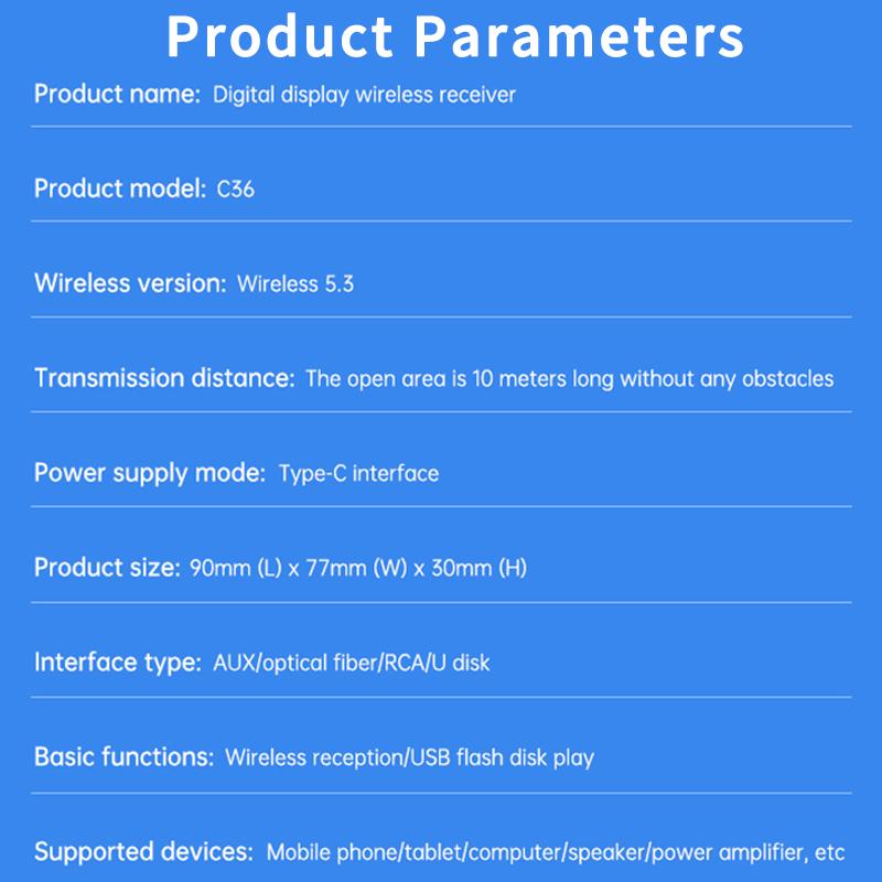 Bluetooth 5.3 audio vevő támogatás USB U-Disk Play vezeték nélküli adapter R/L 2 RCA/3.5MM AUX/optikai szálas csatlakozó autóskészlet hangszóróhoz