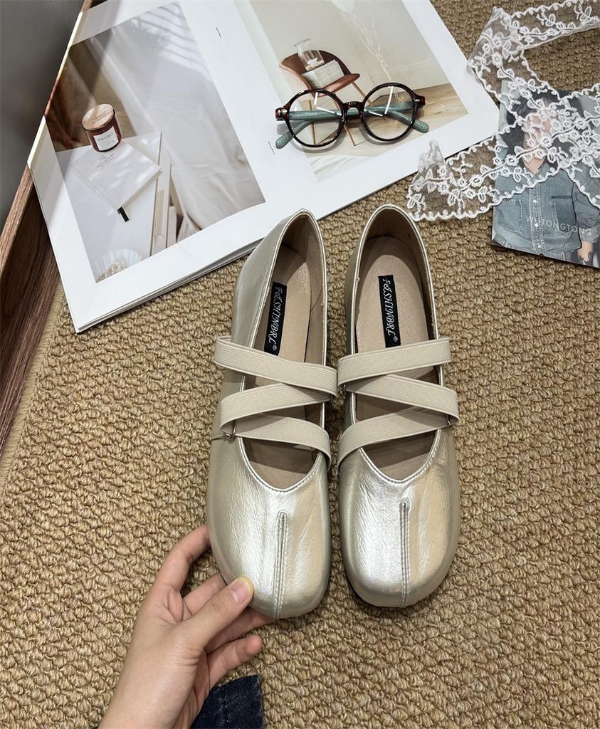 Leather version~ Leather French retro flat-bottomed bow light-mouth single shoes women's new silver Mary Jane evening shoes