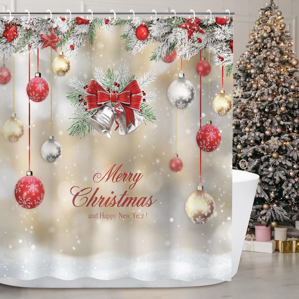 Rosielily Christmas Shower Curtains For Bathroom Xmas Shower Curtains Red Christmas Fabric Xmas Bathroom Set With Hooks Red Silv
