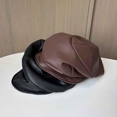 Retro Leather Cloud Octagonal Hat Women'S Niche Versatile Face Small Cap Pu Reverse Forward Hat