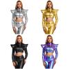 Womens Iridescent Metallic Crop Jacket Long Sleeve Stand Collar Front Zipper Crop Top