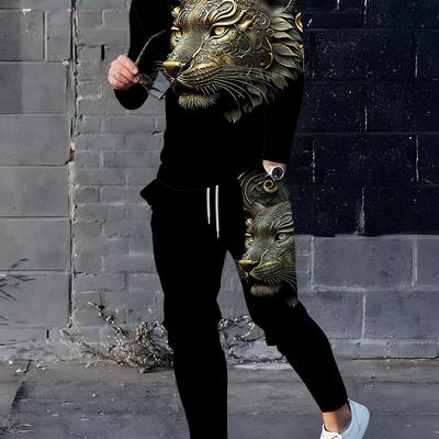 2-Piece Leopard Print Casual Set - Sweatsuits with Long Sleeve Waist Drawstring Sweatpants for Comfortable Spring and Fall Fashion
