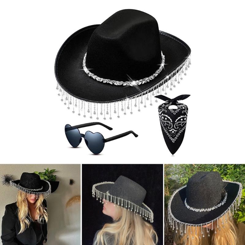 Western Cowboyhut Brillen für Brautparty Cowgirl Kopftuch Kostümset Damen Kopfbedeckung Nachtclub Halloween Outfit