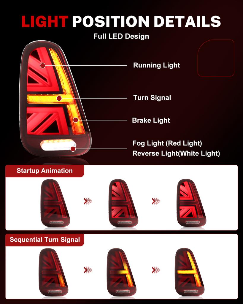 2PCS Tail Lights Assembly For Mini Cooper R50 R52 R53,Union Jack Rear Tail Lamps Tail/Brake & Sequential Blink Turn Signal 01-07