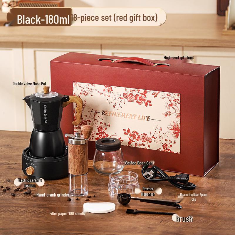 Dvojventilový elektrický moka konvička a ruční mlýnek Dárková sada