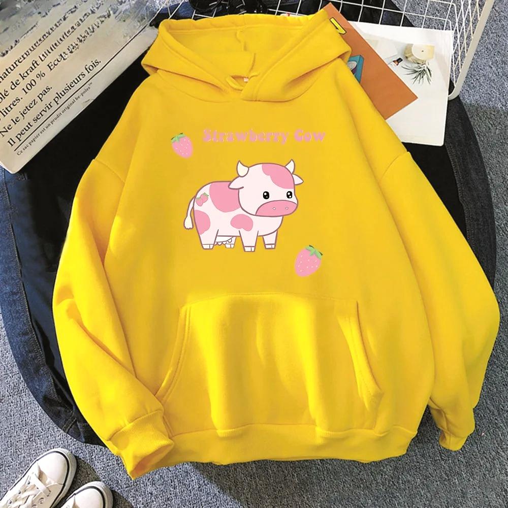 Kuh und Erdbeere Kawaii Bedruckte Damen Hoodies Lässiger Pullover Sweatshirt Herbst Winter Mädchen Streetwear Oberteile Kleidung