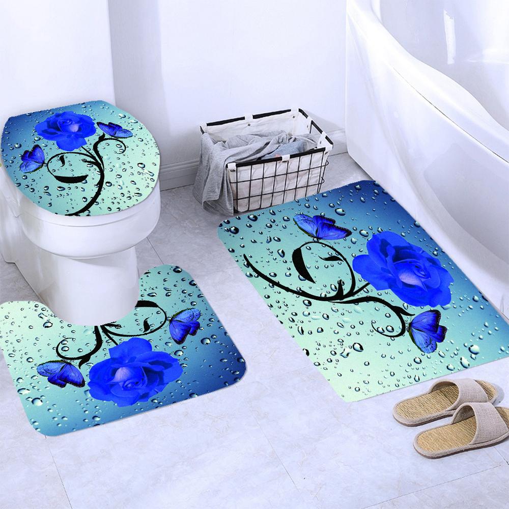 3D Butterfly Flower Fabric Waterproof Shower Curtain Bathroom Curtains Set Blue Pink Rose Non-Slip Rug Toilet Lid Cover Bath Mat