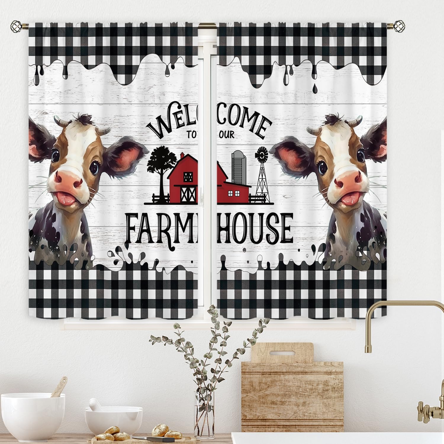 Farmhouse Cow Kitchen Curtains, Black White Buffalo Check Drapes with Rod Pocket, Cute Calf Western Country Window Decor 60×150cm