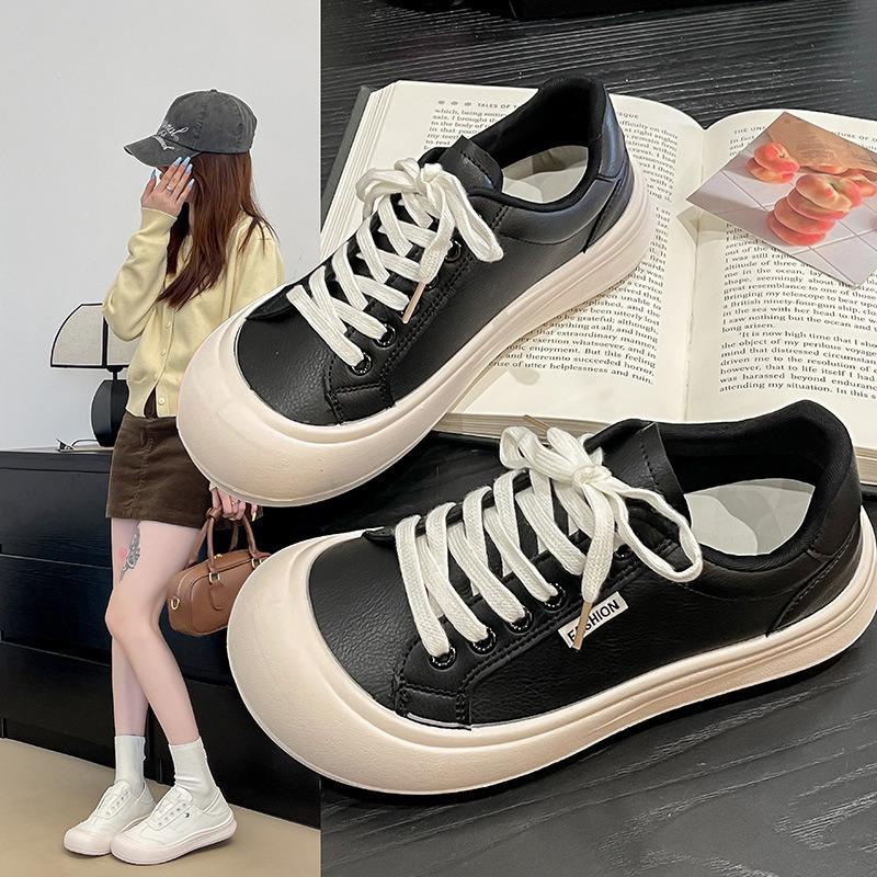 Little white shoes women's single shoes autumn minimalist doll head simple fashion lace-up flat casual shoes women's board shoes