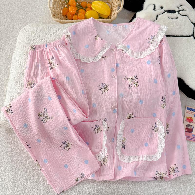 Cloud Cotton Pajamas Women'S Doll Collar Long-Sleeved High-End Floral Loungewear Set