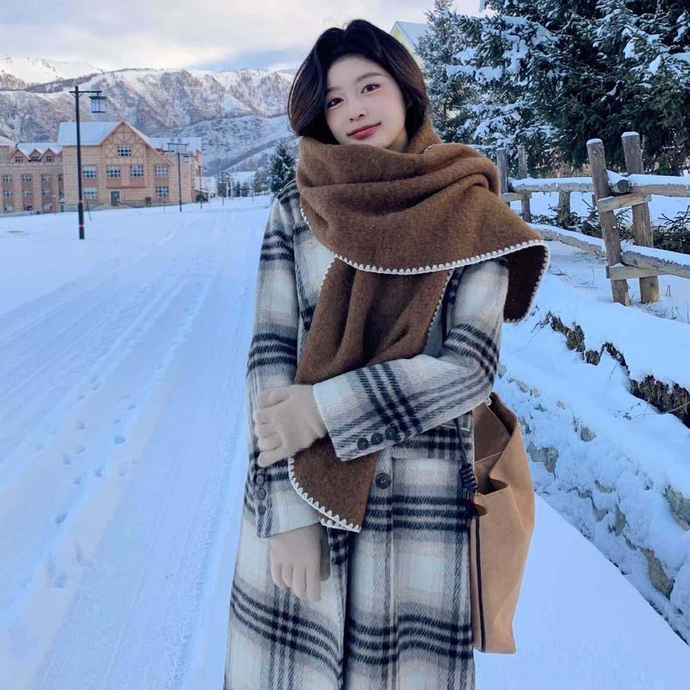 Polyester Long Thickened Neckscarf Solid Color Women Warmer Scarf Lock Edge Winter Scarf  Outdoor