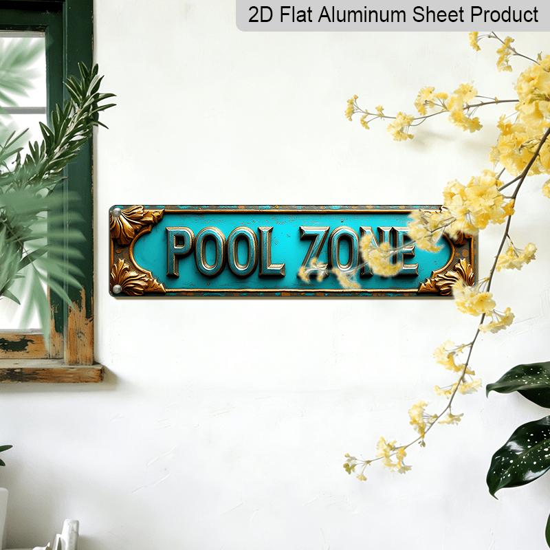 2D Flat, 1pc Vintage Aluminium Decorative Sign, A Captivating Wall-Mounted Decoration Called POOL ZONE with A Frame of Golden Leaves. It Is Suitable