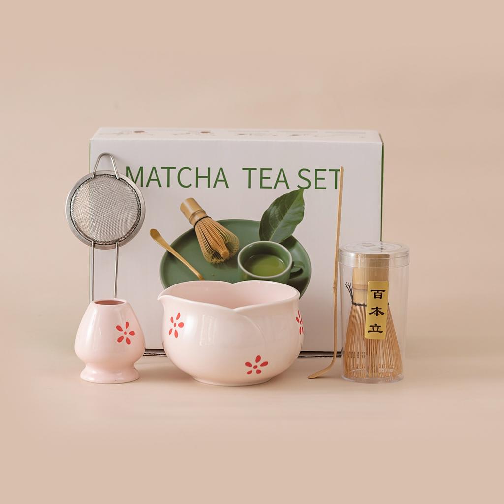 5/7pcs Pink Heart Decal Ceramic Matcha Set, Cute Matcha Set Includes Matcha- Bowl, Matcha Whisk and Holder, Bamboo Scoop, Sifter