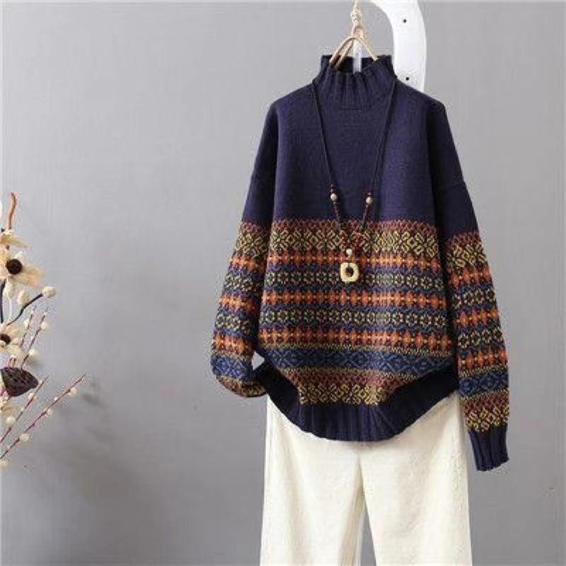 Half Turtleneck Sweaters for Women Trendy Loose Long-sleeved Knitted Sweaters Large-sized Casual Pullover Sweaters for Women In Autumn and Winter