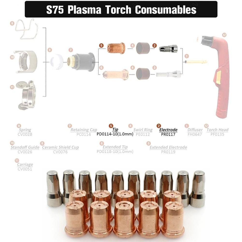 20pcs PR0117 Plasma Electrode PD0114-10 Tips 1.0mm for Trafimet S75 Cuting Torch