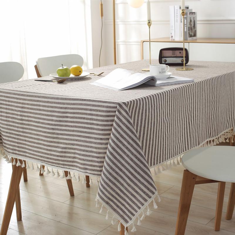 Japanese-Style Polyester-Cotton Simple Striped Plain Fringed Lace Yarn-Dyed Rectangular Tablecloth Coffee Table Dining Table Cloth