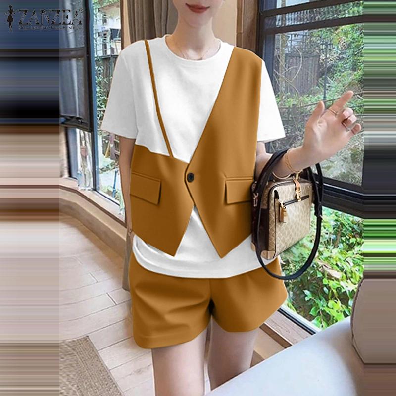 ZANZEA Women Patchwork Short Sleeve T-Shirts and Shorts Summer Two Piece Suit Sets