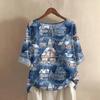 Women's Fashionable And Casual Shirt Half-sleeve Round Neck Print Cotton And Linen Blouse Top