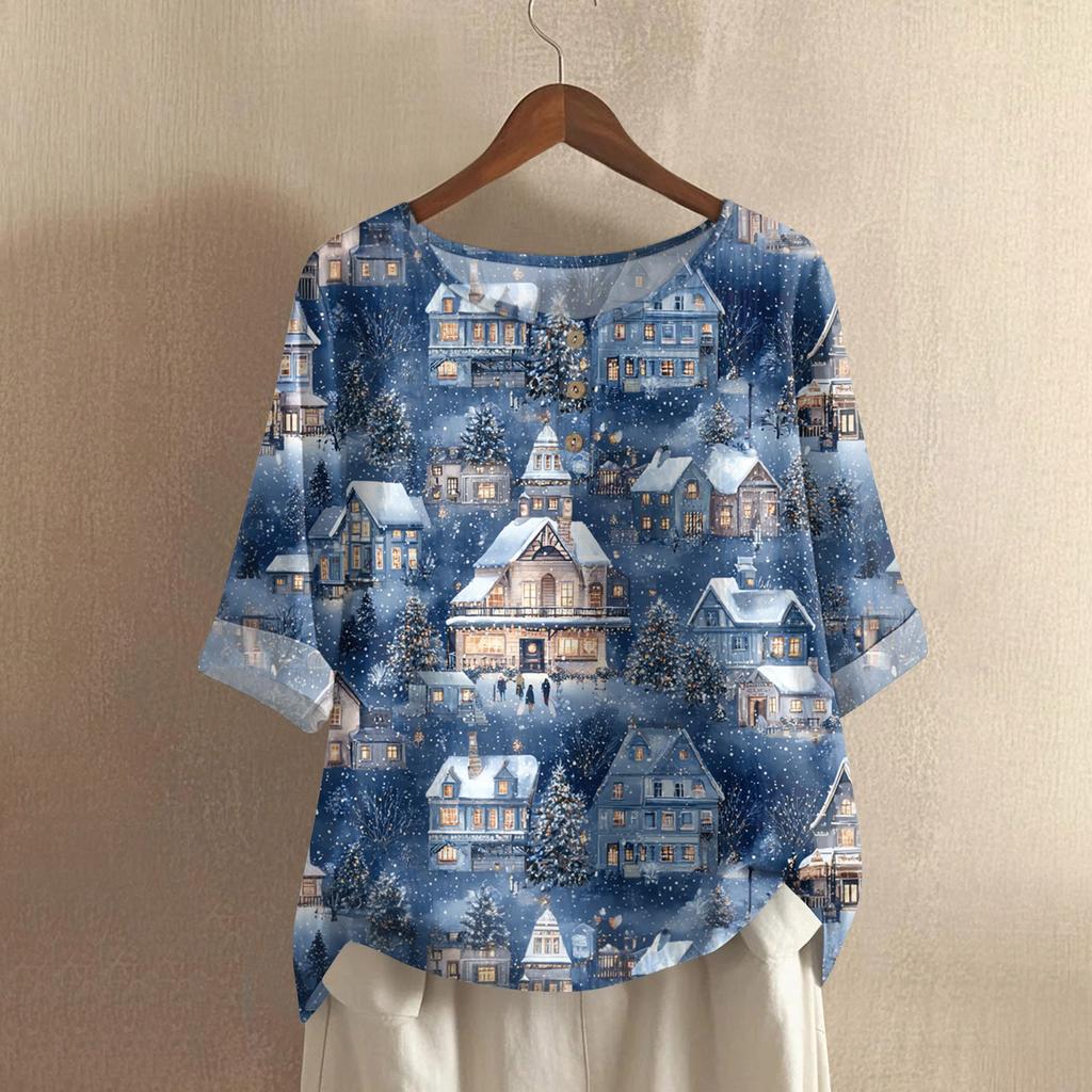 Women's Fashionable And Casual Shirt Half-sleeve Round Neck Print Cotton And Linen Blouse Top