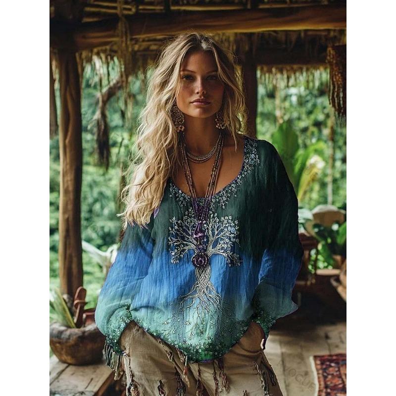 Women's Boho T-shirt Graphic Geometric Elegant Bohemia Vintage Long Sleeve V Neck Regular Tops Daily Weekend