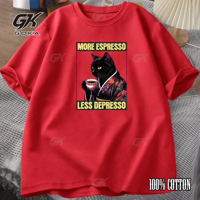 More Espresso Less Depresso Cat Drinking Coffee Funny T Shirt for Men Women Japanese Style Fashion Cotton Short Sleeve Clothing