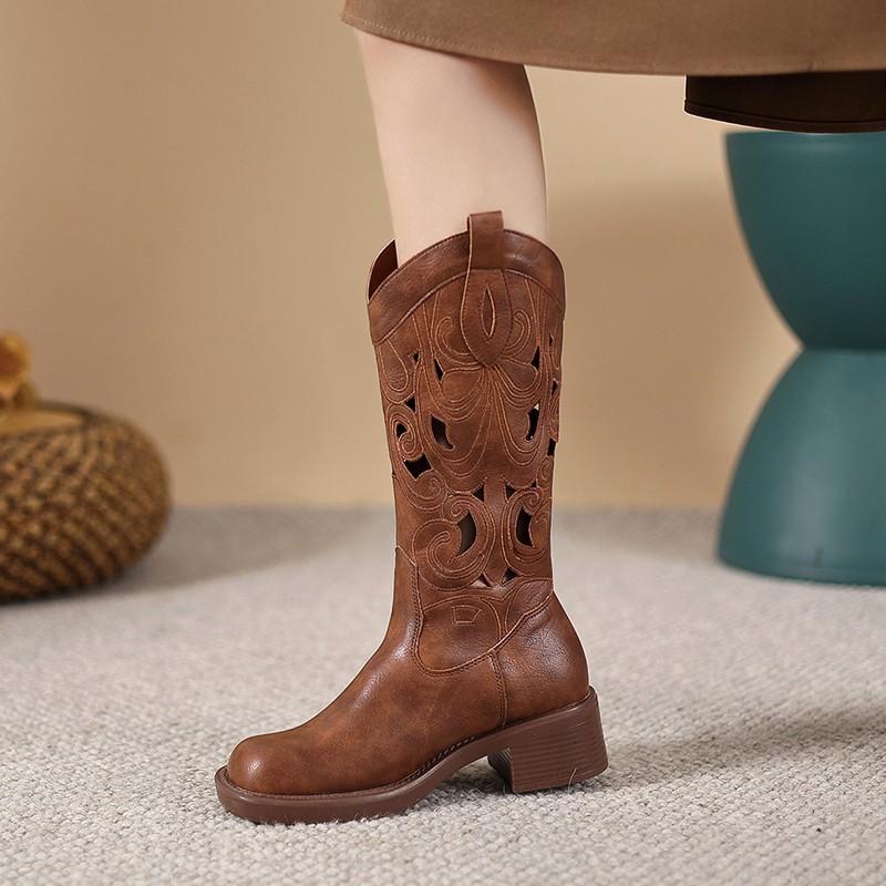 

Soft sole hollow embroidery western cowboy boots women s new retro style desert summer boots brown medium boots 40