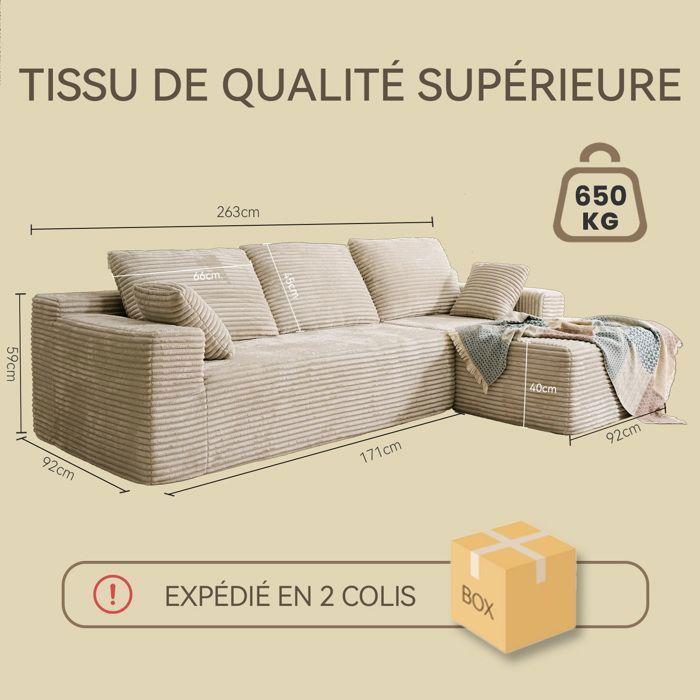 Right corner sofa 263x171x 59cm, free combination, without assembly 4-seater L-shaped sofa with beige corduroy chaise longue